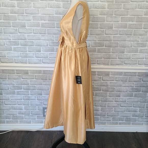 Lulus Gold Plunge Neck Bow Midi Day Dress Elegant NEW Medium Wedding Prom - Picture 5 of 9
